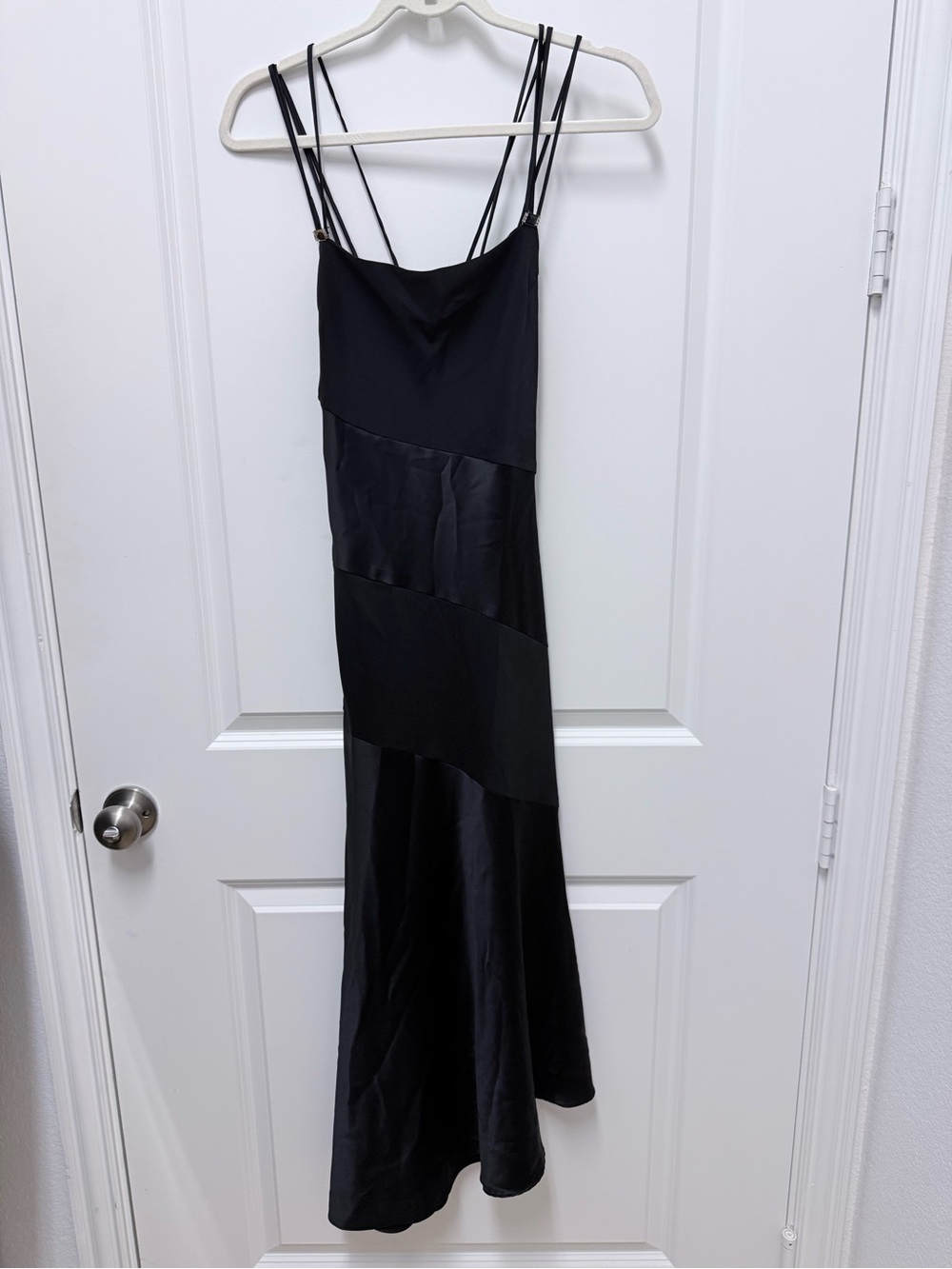 Vintage Cachet Black Satin-Panel Midi Slip Dress with Double Spaghetti Straps